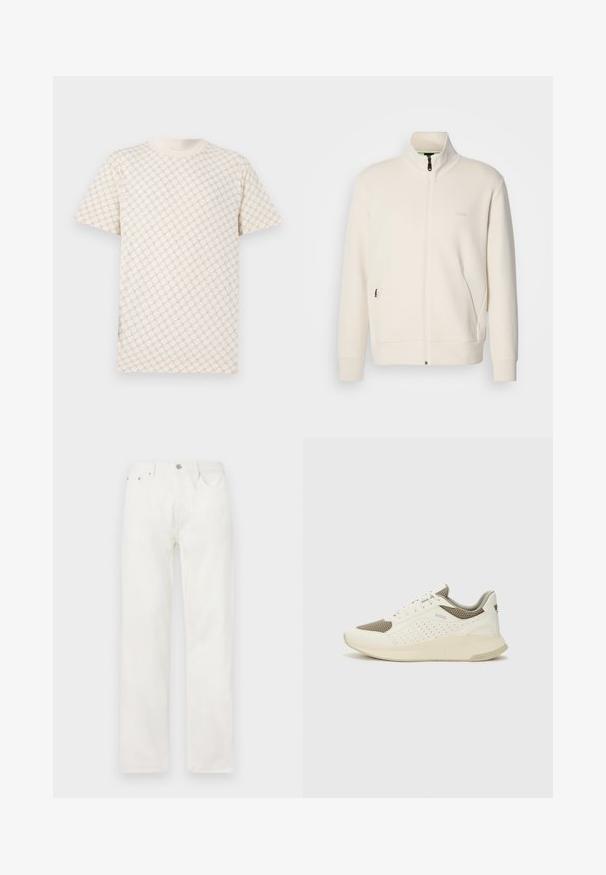 Off-white zip-up jacket with stand collar, long sleeves, side pockets, and subtle "BOSS" logo on the left chest.; Light beige short-sleeve t-shirt with a textured pattern of overlapping circles. Soft fabric with a crew neckline and regular fit.; White denim jeans with a straight leg, button and zipper closure, five-pocket design, and no visible patterns or accents.; White and light beige athletic sneaker, featuring a mesh upper, perforated detailing, and a textured midsole with branding on the heel.