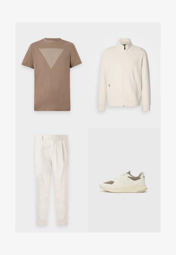 Off-white zip-up jack met staande kraag, lange mouwen, zijzakken en een subtiele "BOSS" logo op de linkerborst.; Effen bruine t-shirt met korte mouwen en een grote omgekeerde driehoekige grafiek van fijne witte verticale lijnen op de borst.; Witte, geplooide broeken met een getailleerde pasvorm, met een gladde textuur, riemlussen en taps toelopende benen. Geen zichtbare zakken of patronen.; Witte en lichtbeige sport sneaker, met een bovenwerk van mesh, geperforeerde details en een gestructureerde tussenzool met branding op de hiel.