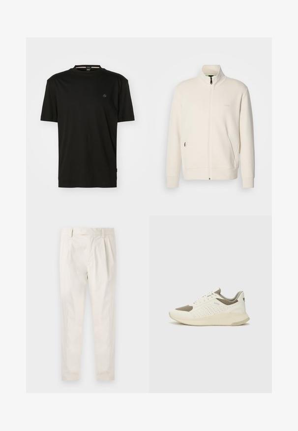 Oficialiai balta zip-up striukė su stovinčia apykakle, ilgomis rankovėmis, šoninėmis kišenėmis ir subtiliu "BOSS" logotipu kairėje krūtinės pusėje.; Juoda marškinėliai, pagaminti iš lygaus medvilnės, su apvaliu iškirpimu ir trumpomis rankovėmis. Maža logo kairėje krūtinės pusėje ir minimalistinis dizainas.; Balti, susiūtos kelnes, turinčios pritaikytą siluetą, pasižyminčias lygia tekstūra, dirželio kilpomis ir siaurėjančiomis kojomis. Nėra matomų kišenių ar raštų.; Baltas ir šviesiai bežinis sportinis kedas, su tinklo viršumi, perforuotais detalėmis ir tekstūruotu tarpine su logotipu ant kulno.