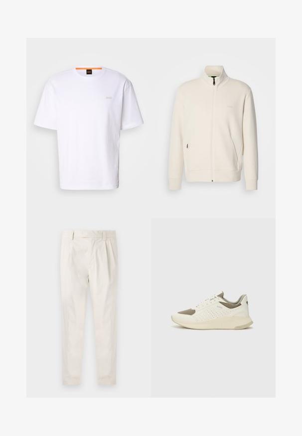 Lysbeige zip-up jakke med ståkrave, lange ærmer, sidelommer og diskret "BOSS" logo på venstre bryst.; Hvid bomuld t-shirt med korte ærmer, rund halsudskæring og subtilt "BOSS" logo i beige på brystet. Glat tekstur og lige pasform.; Hvide, plisserede bukser med en skræddersyet pasform, der har en glat overflade, bæltestropper og smalnede ben. Ingen synlige lommer eller mønstre.; Hvide og lyse beige sportssko med en mesh-overdel, perforerede detaljer og en tekstureret mellemsål med branding på hælen.