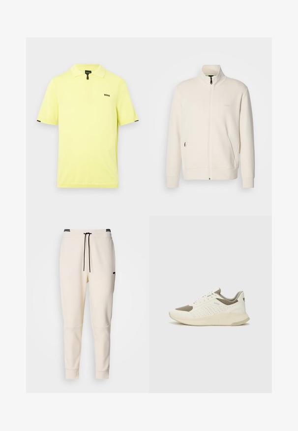 Hosszú ujjú, álló galléros, krémfehér cipzáras dzseki, oldalsó zsebekkel és diszkrét "BOSS" logóval a bal mellrészen.; Rövid ujjú polo póló élénk sárga pamutból, cipzáras gallérral és egy kis fekete logóval a mellrészen. Fekete díszítések az ujjakon.; Krém színű jogger nadrág, elasztikus derékkal és húzózsinórral, fekete kiegészítőkkel, tapered (felfelé keskenyedő) lábakkal és oldalsó zsebekkel.; Fehér és világos bézs sportcipő, légies hálós felsőrésszel, perforált részletekkel és texturált középtalppal, amelyen a saroknál a márka logója található.