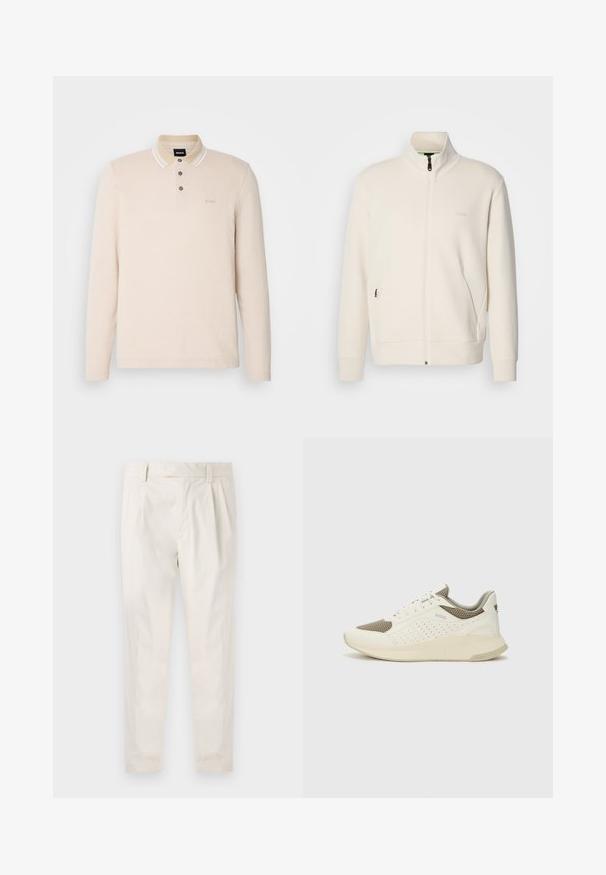 Off-white zip-up jacket with stand collar, long sleeves, side pockets, and subtle "BOSS" logo on the left chest.; Long-sleeve beige polo shirt made of soft material, featuring a pointed collar with white accents and three dark buttons at the neck.; White, pleated trousers with a tailored fit, featuring a smooth texture, belt loops, and tapered legs. No visible pockets or patterns.; White and light beige athletic sneaker, featuring a mesh upper, perforated detailing, and a textured midsole with branding on the heel.