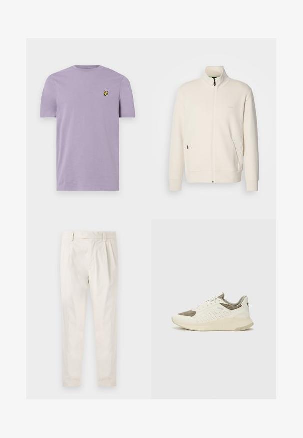 Oficialiai balta zip-up striukė su stovinčia apykakle, ilgomis rankovėmis, šoninėmis kišenėmis ir subtiliu "BOSS" logotipu kairėje krūtinės pusėje.; Šviesiai violetinė medvilninė marškinėliai su trumpomis rankovėmis ir apvaliu iškirpimu. Yra mažas geltonas siuvinėtas paukščio logotipas kairėje krūtinės pusėje.; Balti, susiūtos kelnes, turinčios pritaikytą siluetą, pasižyminčias lygia tekstūra, dirželio kilpomis ir siaurėjančiomis kojomis. Nėra matomų kišenių ar raštų.; Baltas ir šviesiai bežinis sportinis kedas, su tinklo viršumi, perforuotais detalėmis ir tekstūruotu tarpine su logotipu ant kulno.