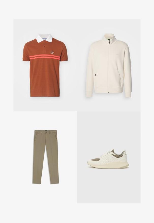Off-white Zip-Jacke mit Stehkragen, langen Ärmeln, Seitentaschen und dezenter "BOSS"-Logo auf der linken Brust.; Braunes Poloshirt mit weißem Kragen, ausgestattet mit zwei horizontalen rosa Streifen und einem Logo auf der Brust. Hergestellt aus strukturiertem Stoff.; Beige Chinos mit geradem Bein, Gürtelschlaufen, Knopfverschluss und zwei seitlichen Taschen. Glattes Baumwollgewebe mit sauberem Finish.; Weiße und hellbeige Sport Sneakers, ausgestattet mit einem Obermaterial aus Netzgewebe, perforierten Details und einer strukturierten Zwischensohle mit Branding an der Ferse.