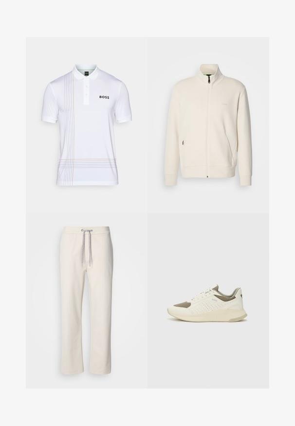 Krémová zipová bunda s vysokým límcem, dlouhými rukávy, bočními kapsami a jemným logem "BOSS" na levé části hrudi.; Bílá polo košile vyrobená z hladkého materiálu, s tříknoflíkovou légou, ozdobnými oranžovými a šedými pruhy na levé straně a logem.; Krémové volné kalhoty s elastickým pasem a rovnými nohavicemi, vystavené na jednobarevném bílém pozadí.; Bílé a světle béžové atletické tenisky, které mají síťovaný svršek, perforované detaily a texturovanou mezipodešev s logem na patě.