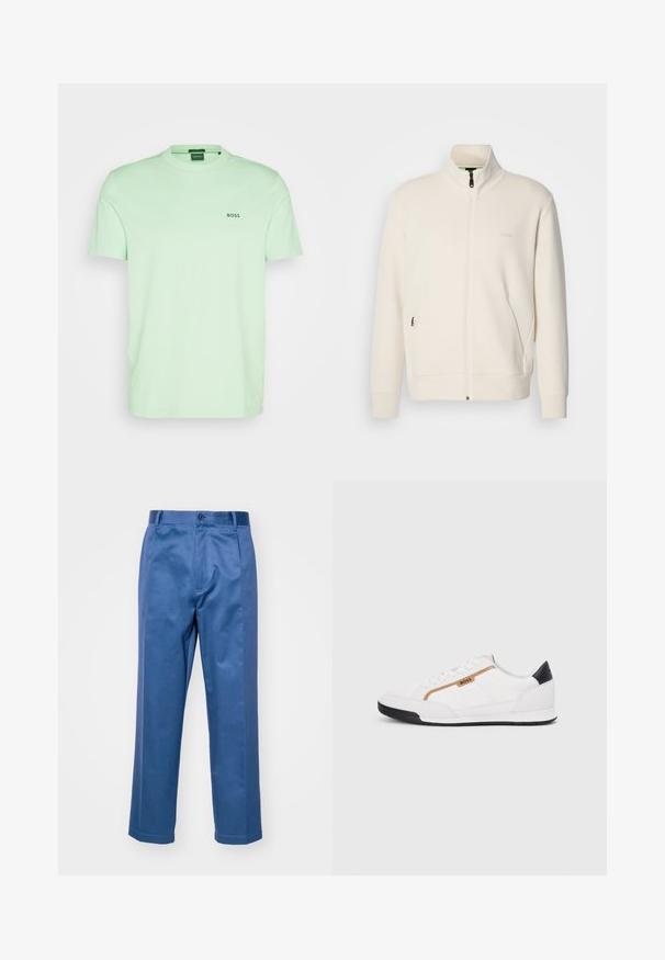 Casaco com fecho éclair em tom off-white, com colarinho elevado, mangas longas, bolsos laterais e um discreto logótipo "BOSS" no lado esquerdo do peito.; BOSS TEE - T-shirt básica - open green; Calças azuis feitas de um tecido suave, com um design de perna reta, fecho de botão e detalhes de costura discretos.; Tênis atléticos brancos com detalhes em malha e couro. Apresenta um logotipo dourado "BOSS", painéis laterais texturizados e um capô de calcanhar preto. Sola em borracha.