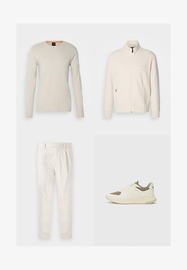 Off-white zip-up jakke med stående krage, lange ermer, sidelommer og diskré "BOSS" logo på venstre bryst.; Langermet lys beige bomullsskjorte med rund hals og en liten, firkantet logo i grått på brystet.; Hvite, pregede bukser med skreddersydd passform, som har en jevn tekstur, beltehemper og avsmalnende ben. Ingen synlige lommer eller mønstre.; Hvit og lysebeige treningssko, med en mesh-overdel, perforerte detaljer og en teksturert mellomsåle med merkevare på hælen.