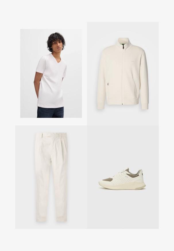 Off-white zip-up jacket with stand collar, long sleeves, side pockets, and subtle "BOSS" logo on the left chest.; White short-sleeve V-neck t-shirt made of smooth, lightweight fabric, paired with dark denim jeans. Simple design, no visible patterns.; White, pleated trousers with a tailored fit, featuring a smooth texture, belt loops, and tapered legs. No visible pockets or patterns.; White and light beige athletic sneaker, featuring a mesh upper, perforated detailing, and a textured midsole with branding on the heel.
