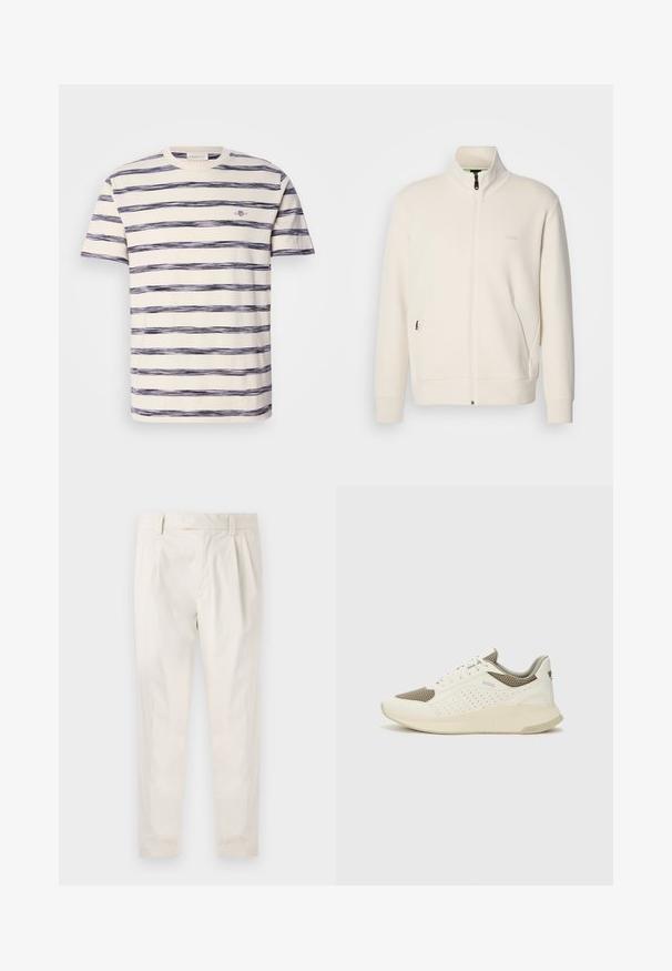 Off-white zip-up jacka med ståkrage, långa ärmar, sidofickor och subtil "BOSS"-logotyp på vänster bröst.; Rutig kortärmad t-shirt i krämfärgad med oregelbundna horisontella ränder i marinblått, med en liten logotyp på bröstet. Mjuk bomullstyg.; Vita, plisserade byxor med skräddarsydd passform, med en mjuk yta, bälteshängare och avsmalnande ben. Inga synliga fickor eller mönster.; Vit och ljusbeige atletisk sneaker med ett meshöverdrag, perforerade detaljer och en texturerad mellansula med varumärke på hälen.