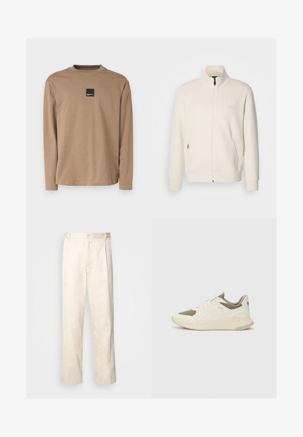 Off-white zip-up jakna s stoječim ovratnikom, dolgimi rokavi, stranskimi žepi in subtilnim logotipom "BOSS" na levem prsnem delu.; Majica z dolgimi rokavi in krožnim izreza v svetlo rjavi barvi, narejena iz mehke tkanine, z manjšim črnim kvadratnim logotipom na prsih.; Bež cottone hlače s ravnim krojem, ki imajo gumbasto zapiranje in nabore spredaj za dodatne detajle.; Beli in svetlo bež športni copat, s mrežastim zgornjim delom, perforiranimi detajli in teksturirano srednjim delom z blagovno znamko na peti.
