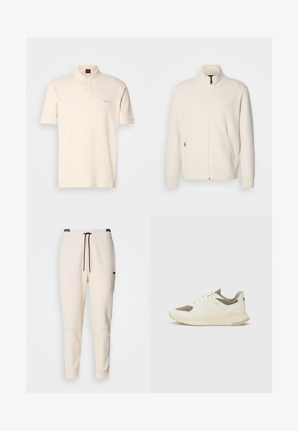 Casaco com fecho éclair em tom off-white, com colarinho elevado, mangas longas, bolsos laterais e um discreto logótipo "BOSS" no lado esquerdo do peito.; Camisa pólo de cor creme feita de algodão, com uma pala de dois botões e um pequeno logótipo bordado "BOSS" no lado esquerdo do peito. Mangas curtas.; Calças jogger em tom creme com uma cintura elástica e cordão, detalhes em preto, pernas ajustadas e bolsos laterais.; Sapatilha atlética branca e bege claro, com parte superior em malha, detalhes perfurados e uma entressola texturizada com marcação no calcanhar.