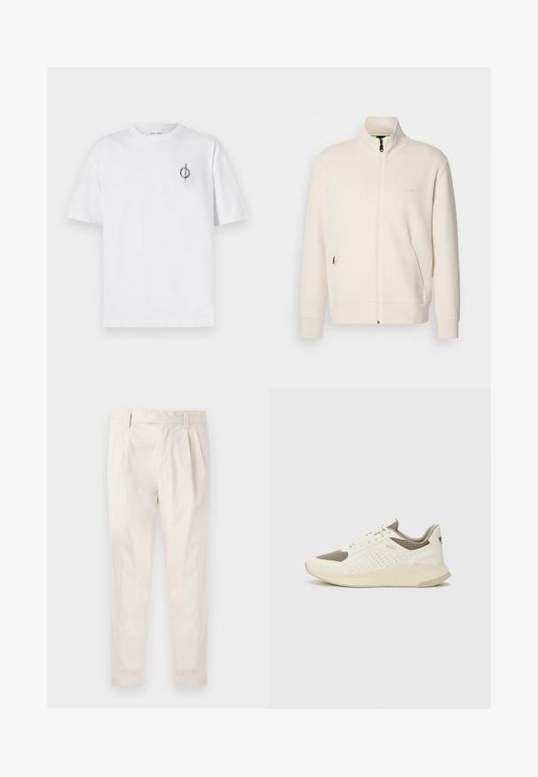 Krémová zipová bunda s vysokým límcem, dlouhými rukávy, bočními kapsami a jemným logem "BOSS" na levé části hrudi.; Bílý bavlněný tričko s volným střihem, které má malé černé grafické logo na levé straně hrudi. Krátké rukávy, kulatý výstřih.; Bílé, plisované kalhoty s upraveným střihem, které mají hladkou texturu, poutka na opasek a zúžené nohavice. Bez viditelných kapes nebo vzorů.; Bílé a světle béžové atletické tenisky, které mají síťovaný svršek, perforované detaily a texturovanou mezipodešev s logem na patě.