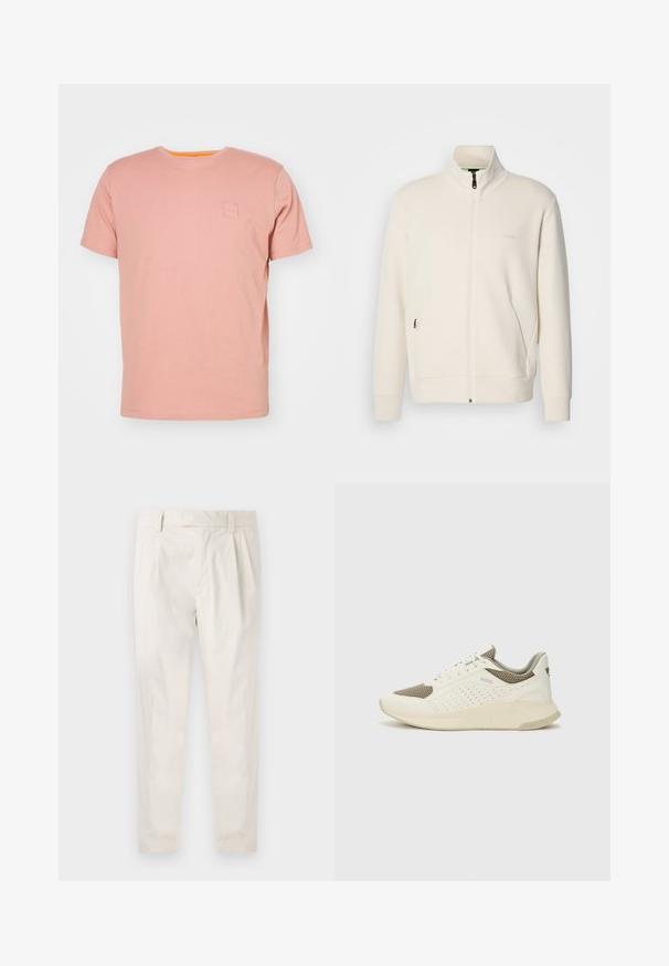 Hosszú ujjú, álló galléros, krémfehér cipzáras dzseki, oldalsó zsebekkel és diszkrét "BOSS" logóval a bal mellrészen.; BOSS TALES - Basic póló - open pink; Fehér, pliszírozott nadrág, testre szabott szabással, sima felülettel, övhurkokkal és karcsú lábszárral. Nincs látható zseb vagy minta.; Fehér és világos bézs sportcipő, légies hálós felsőrésszel, perforált részletekkel és texturált középtalppal, amelyen a saroknál a márka logója található.