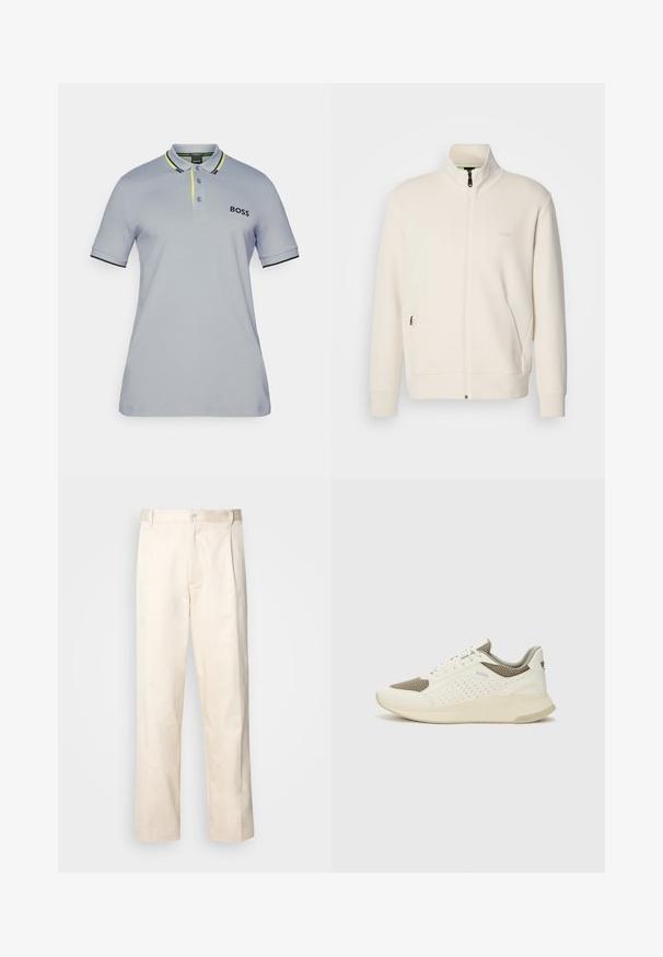 Krémová zipová bunda s vysokým límcem, dlouhými rukávy, bočními kapsami a jemným logem "BOSS" na levé části hrudi.; Svetle šedé polo tričko s černými a jasně žlutými akcenty. Obsahuje límeček, zapínání na tři knoflíky a vyšitý logo na prsou.; Bežové bavlněné kalhoty se střihy rovného nohavice, s knoflíkovým zapínáním a záhyby vpředu pro zvýraznění detailu.; Bílé a světle béžové atletické tenisky, které mají síťovaný svršek, perforované detaily a texturovanou mezipodešev s logem na patě.