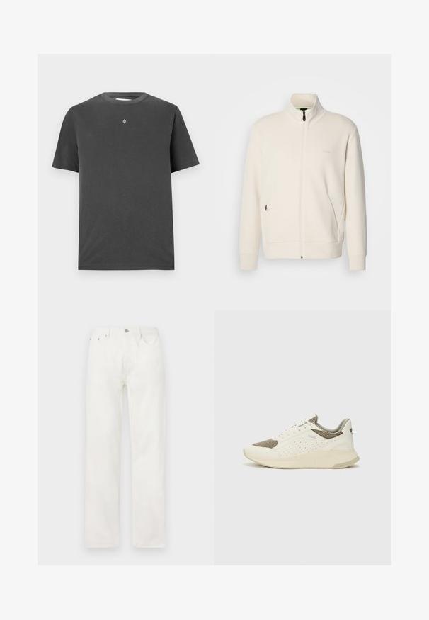 Off-white Zip-Jacke mit Stehkragen, langen Ärmeln, Seitentaschen und dezenter "BOSS"-Logo auf der linken Brust.; Dunkelgraues Baumwoll-T-Shirt mit rundem Halsausschnitt und kurzen Ärmeln; verfügt über ein kleines, zentriertes Logo in Weiß auf der Brust.; Weiße Jeans aus Denim mit geradem Bein, Knopf- und Reißverschluss, Fünf-Taschen-Design und ohne sichtbare Muster oder Akzente.; Weiße und hellbeige Sport Sneakers, ausgestattet mit einem Obermaterial aus Netzgewebe, perforierten Details und einer strukturierten Zwischensohle mit Branding an der Ferse.