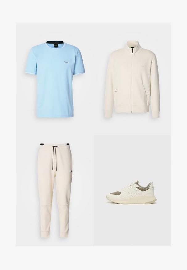Casaco com fecho éclair em tom off-white, com colarinho elevado, mangas longas, bolsos laterais e um discreto logótipo "BOSS" no lado esquerdo do peito.; T-shirt de algodão azul claro com decote redondo, mangas curtas e acabamento branco em contraste. Apresenta um pequeno logótipo preto "BOSS" no peito.; Calças jogger em tom creme com uma cintura elástica e cordão, detalhes em preto, pernas ajustadas e bolsos laterais.; Sapatilha atlética branca e bege claro, com parte superior em malha, detalhes perfurados e uma entressola texturizada com marcação no calcanhar.