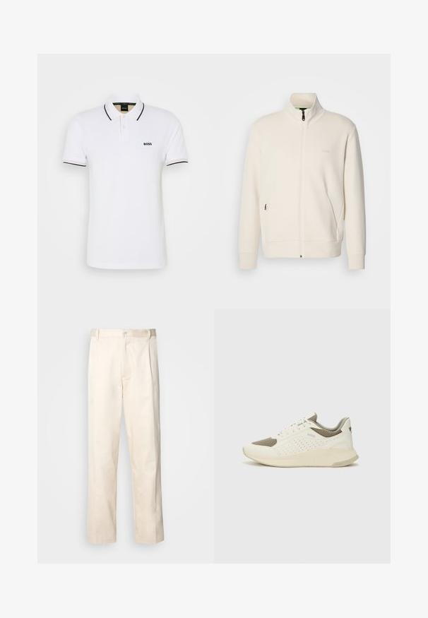 Valkoinen vetoketjullinen takki, jossa on pystykaulus, pitkät hihat, sivutaskut ja huomaamaton "BOSS"-logo vasemmassa rinnassa.; Valkoinen puuvillapolo paita, jossa on kahden napin nappilista, musta reunus kauluksessa ja hihoissa sekä pieni brodeerattu "BOSS"-logo.; Vaaleanbeige puuvillahousut, joissa on suora lahje, varustettu nappisulkeisella ja etupuolella olevilla laskoksilla lisäyksinä.; Valkoinen ja vaaleanbeige urheilukengät, joissa on verkkomateriaali yläosa, rei'itettyjä yksityiskohtia ja teksturoitu välipohja, jossa on brändäys kantapäässä.