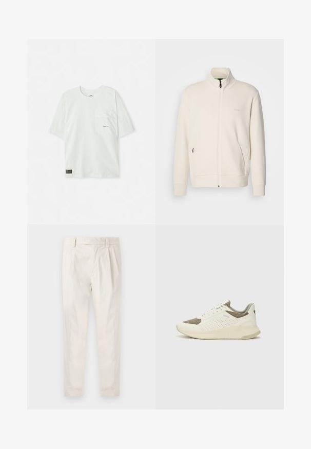 Lysbeige zip-up jakke med ståkrave, lange ærmer, sidelommer og diskret "BOSS" logo på venstre bryst.; Kortærmet, lysegrøn t-shirt lavet af bomuld. Har en brystlomme og et lille logo nær lommen. Blød tekstur, afslappet design.; Hvide, plisserede bukser med en skræddersyet pasform, der har en glat overflade, bæltestropper og smalnede ben. Ingen synlige lommer eller mønstre.; Hvide og lyse beige sportssko med en mesh-overdel, perforerede detaljer og en tekstureret mellemsål med branding på hælen.