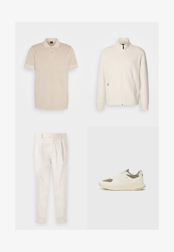 Off-white krūškurvja jaka ar uzacīšu apkakli, garām piedurknēm, sānu kabatām un diskrētu "BOSS" logo uz kreisā krūškurvja.; Bežs polo krekls, kas izgatavots no mīksta kokvilnas. Tam ir klasiskā apkakle, divas pogas un neliels izšūts logs uz krūšu.; Baltas, pleitēts bikses ar piegriezumu, kas pielāgots figūrai, ar gludu tekstūru, jostas cilpām un sašaurinātiem galiem. Nav redzamu kabatu vai rakstu.; Baltas un gaiši bež sporta apavi, ar sieta augšdaļu, perforētiem detaļām un teksturētu vidusdaļu ar zīmolu uz papēža.