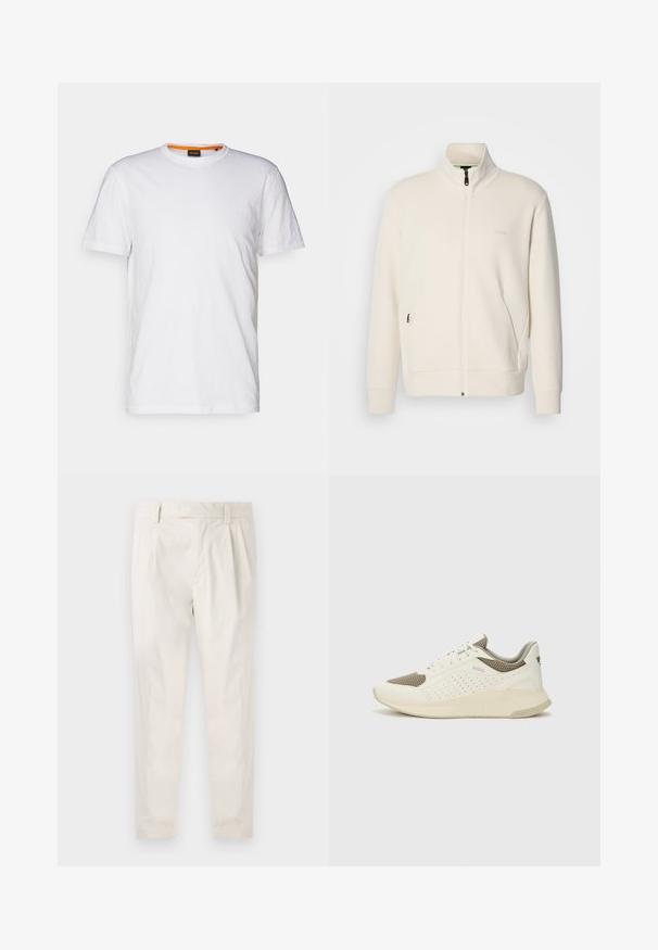 Krémová zipová bunda s vysokým límcem, dlouhými rukávy, bočními kapsami a jemným logem "BOSS" na levé části hrudi.; Bílý bavlněný tričko s kulatým výstřihem, krátkými rukávy a jemně embosovaným logem na hrudi. Vnitřní štítek má oranžový akcent.; Bílé, plisované kalhoty s upraveným střihem, které mají hladkou texturu, poutka na opasek a zúžené nohavice. Bez viditelných kapes nebo vzorů.; Bílé a světle béžové atletické tenisky, které mají síťovaný svršek, perforované detaily a texturovanou mezipodešev s logem na patě.