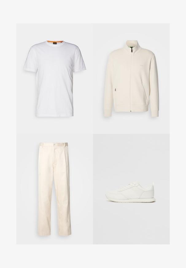 Casaco com fecho éclair em tom off-white, com colarinho elevado, mangas longas, bolsos laterais e um discreto logótipo "BOSS" no lado esquerdo do peito.; T-shirt de algodão branco com decote redondo, mangas curtas e um logo em relevo discreto no peito. A etiqueta interior tem um detalhe laranja.; Calças de algodão bege com corte reto, apresentando um fecho de botão e pregas na frente para um detalhe adicional.; Sapatilha branca com parte superior em malha e sintético, bico arredondado, atacadores planos e uma faixa lateral texturizada. Sola em borracha com uma alça na parte de trás.