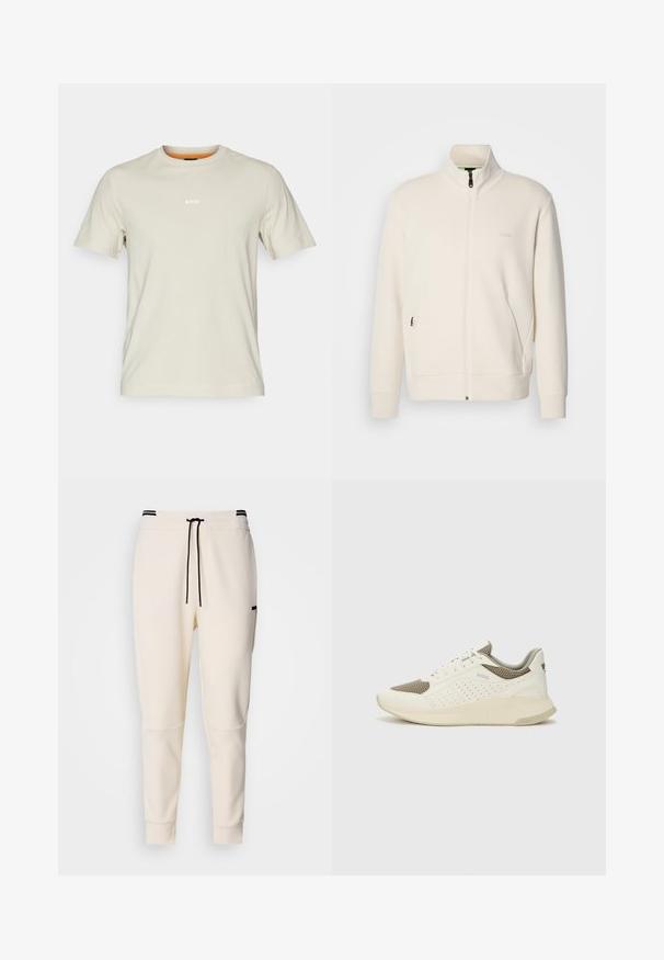Krémová bunda na zips so stojatým golierom, dlhými rukávmi, bočnými vreckami a jemným logom "BOSS" na ľavej hrudi.; Béžové bavlnené tričko s krátkymi rukávmi, okrúhlym výstrihom a bielym logom "BOSS" na hrudi. Hladká textúra, voľný strih.; Krémové teplákové nohavice s elastickým pásom na šnurovanie, čiernymi detailmi, zúženými nohavicami a bočnými vreckami.; Biele a svetlo béžové športové tenisky s hornou časťou z mriežkového materiálu, perforovanými detailmi a textúrovanou medzipodrážkou s logom na päte.