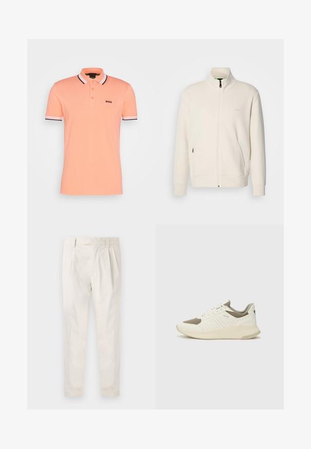 Jachetă crem cu fermoar, cu guler înalt, mâneci lungi, buzunare laterale și logo-ul subtil "BOSS" pe pieptul stâng.; Tricou polo piersici, cu guler, mâneci scurte, închidere cu trei nasturi și accente în dungi contrastante pe mâneci. Logo brodat pe piept.; Pantaloni albi plisati, cu o croială ajustată, având o textură netedă, bucle pentru curea și picioare conice. Fără buzunare vizibile sau modele.; Tenis sportivi alb și bej deschis, cu un înveliș din plasă, detalii perforate și o talpă intermediară texturată, având marcaj pe călcâi.