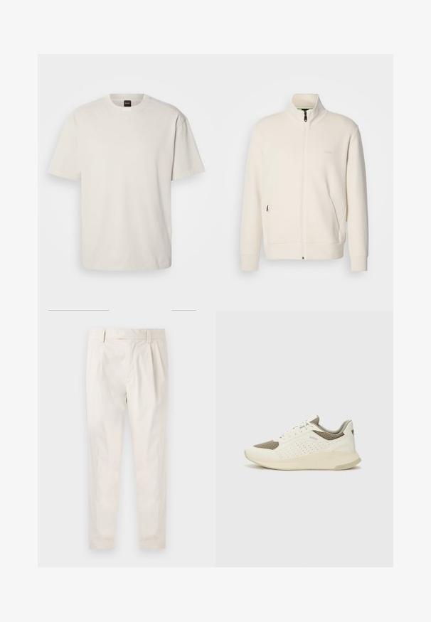 Hosszú ujjú, álló galléros, krémfehér cipzáras dzseki, oldalsó zsebekkel és diszkrét "BOSS" logóval a bal mellrészen.; Rövid ujjú, kerek nyakú póló tört fehér pamutból, egyenes szabású, minimális márkázással a nyakrészen. Puha tapintású, mintázat nélkül.; Fehér, pliszírozott nadrág, testre szabott szabással, sima felülettel, övhurkokkal és karcsú lábszárral. Nincs látható zseb vagy minta.; Fehér és világos bézs sportcipő, légies hálós felsőrésszel, perforált részletekkel és texturált középtalppal, amelyen a saroknál a márka logója található.
