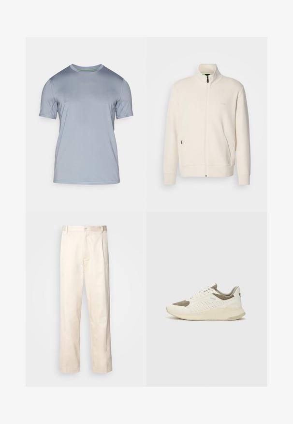 Kreemi värvi lukuga jakk kõrge kraega, pikkade varrukatega, küljetaskutega ja diskreetse "BOSS" logo ka vasakul rinnal.; Heledad sinine spordisärk, mis on valmistatud siledast ja kergest kangast. Omab ümarat kaelust ja peenet reljeefset logo esiosas. Lühikesed varrukad.; Beesidised puuvillased püksid sirge jala lõikega, mis on varustatud nööpkinnituse ja ees olevate voltidega, et lisada detaili.; Valge ja heledat beeži värvi spordijalats, millel on õhuke võrkmaterjal, perforatsioonidega detailid ning tekstuuriga vahetald, millel on brändi logo kannaosas.