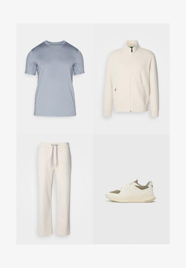 Hosszú ujjú, álló galléros, krémfehér cipzáras dzseki, oldalsó zsebekkel és diszkrét "BOSS" logóval a bal mellrészen.; Világoskék sportpóló, sima, könnyű anyagból készült. Kerek nyakkivágással és diszkrét relief logóval a homlokzaton. Rövid ujjú.; Krém színű, laza nadrág, húzózsinórral a deréknál és egyenes szárakkal, egy sima fehér háttér előtt bemutatva.; Fehér és világos bézs sportcipő, légies hálós felsőrésszel, perforált részletekkel és texturált középtalppal, amelyen a saroknál a márka logója található.