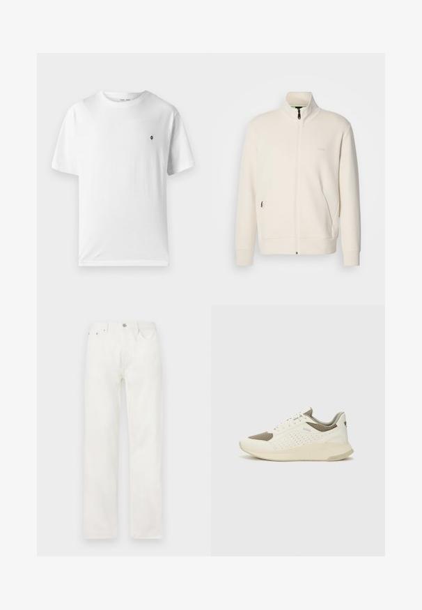 Off-white Zip-Jacke mit Stehkragen, langen Ärmeln, Seitentaschen und dezenter "BOSS"-Logo auf der linken Brust.; Weißes Baumwoll-T-Shirt mit rundem Halsausschnitt, kurzen Ärmeln und einem kleinen schwarzen Logo auf der Brust. Weicher Stoff, lässige Passform.; Weiße Jeans aus Denim mit geradem Bein, Knopf- und Reißverschluss, Fünf-Taschen-Design und ohne sichtbare Muster oder Akzente.; Weiße und hellbeige Sport Sneakers, ausgestattet mit einem Obermaterial aus Netzgewebe, perforierten Details und einer strukturierten Zwischensohle mit Branding an der Ferse.