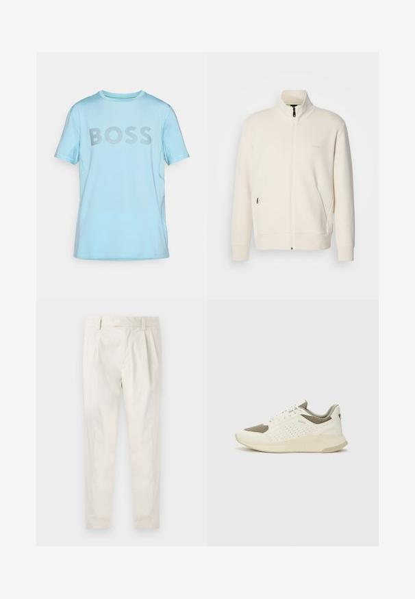 Off-white zip-up jakke med stående krage, lange ermer, sidelommer og diskré "BOSS" logo på venstre bryst.; Lys blå kortermet T-skjorte laget av mykt stoff, med en stor grå "BOSS" logo over brystet og horisontale stripe detaljer.; Hvite, pregede bukser med skreddersydd passform, som har en jevn tekstur, beltehemper og avsmalnende ben. Ingen synlige lommer eller mønstre.; Hvit og lysebeige treningssko, med en mesh-overdel, perforerte detaljer og en teksturert mellomsåle med merkevare på hælen.