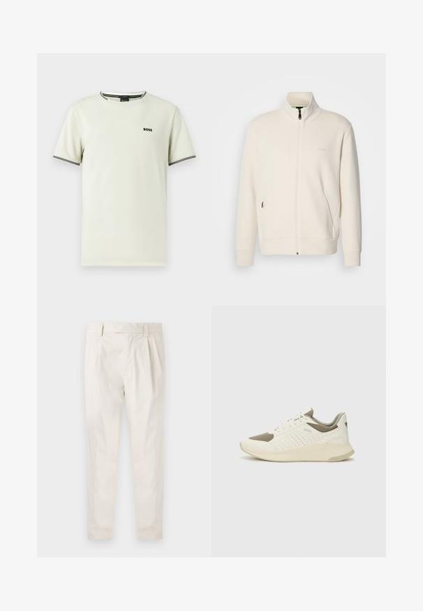 Jachetă crem cu fermoar, cu guler înalt, mâneci lungi, buzunare laterale și logo-ul subtil "BOSS" pe pieptul stâng.; Tricou cu mâneci scurte din bumbac bej deschis, cu gât rotund, logo negru și dungi contrastante alb-negru pe guler și mâneci.; Pantaloni albi plisati, cu o croială ajustată, având o textură netedă, bucle pentru curea și picioare conice. Fără buzunare vizibile sau modele.; Tenis sportivi alb și bej deschis, cu un înveliș din plasă, detalii perforate și o talpă intermediară texturată, având marcaj pe călcâi.