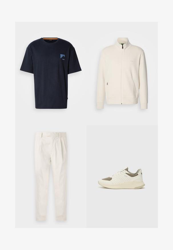 Off-white krūškurvja jaka ar uzacīšu apkakli, garām piedurknēm, sānu kabatām un diskrētu "BOSS" logo uz kreisā krūškurvja.; Tumši zilas krāsas kokvilnas T-krekls ar apaļu kakla izgriezumu, īsām piedurknēm un mazu zilu kalna logotipu uz kreisās krūts. Gaisīga auduma.; Baltas, pleitēts bikses ar piegriezumu, kas pielāgots figūrai, ar gludu tekstūru, jostas cilpām un sašaurinātiem galiem. Nav redzamu kabatu vai rakstu.; Baltas un gaiši bež sporta apavi, ar sieta augšdaļu, perforētiem detaļām un teksturētu vidusdaļu ar zīmolu uz papēža.
