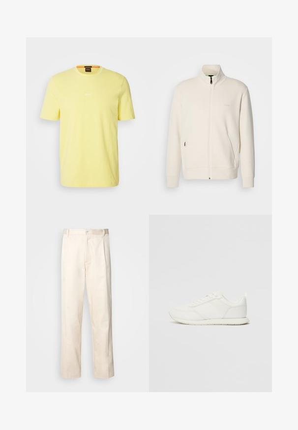 Off-white krūškurvja jaka ar uzacīšu apkakli, garām piedurknēm, sānu kabatām un diskrētu "BOSS" logo uz kreisā krūškurvja.; BOSS Pamata T-krekls - yellow seventeen; Bežā krāsā auduma bikses ar taisnu kāju griezumu, pievienotām pogu aizdares un priekšējiem krokām papildu detaļām.; Baltie sporta apavi ar mežģīņu un sintētisko augšdaļu, apaļu purngalu, plakanu mežģīņu un teksturētu sānu joslu. Gumijas zole ar cilpu aizmugurē.