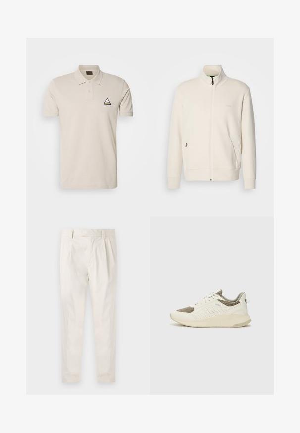Jakna boje off-white s patentnim zatvaračem, stajaćim ovratnikom, dugim rukavima, bočnim džepovima i suptilnim logotipom "BOSS" na lijevoj strani prsnog koša.; Bež majica s ovratnikom od pamuka, s plaketom na dva dugmeta i trokutastim izvezenim logotipom s lijeve strane prsnog koša. Kratki rukavi.; Bijele, naborane hlače s krojem po mjeri, koje imaju glatku teksturu, petlje za pojas i sužene nogavice. Nema vidljivih džepova ili uzoraka.; Bijele i svijetlosmeđe sportske tenisice, sa mrežastim gornjim dijelom, perforiranim detaljima i teksturiranim međutrakom sa brendom na peti.