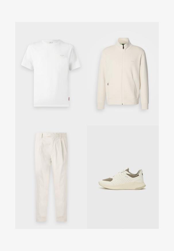 Off-white zip-up jakna s stoječim ovratnikom, dolgimi rokavi, stranskimi žepi in subtilnim logotipom "BOSS" na levem prsnem delu.; Bela bombažna majica s kratkimi rokavi, okroglega vratu in majhnim sivo-logotipom na levi prsni strani. Enostaven dizajn, običajen kroj, gladka tekstura.; Bele, plisirane hlače s krojenim prileganjem, z gladko teksturo, z zankami za pas in ožjimi hlačnicami. Brez vidnih žepov ali vzorcev.; Beli in svetlo bež športni copat, s mrežastim zgornjim delom, perforiranimi detajli in teksturirano srednjim delom z blagovno znamko na peti.