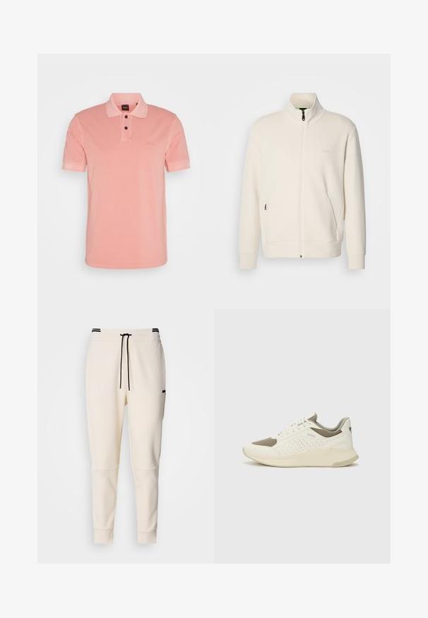 Kreemi värvi lukuga jakk kõrge kraega, pikkade varrukatega, küljetaskutega ja diskreetse "BOSS" logo ka vasakul rinnal.; Pehmeast roosa kangast polo-särgis on klassikaline krae, kolmest nupust koosnev lõpetus, lühikesed varrukad ja tagasihoidlik bränding.; Kreemikat värvi sportpüksid, millel on elastne vöökoht koos reguleeritava stringiga, mustad aksendid, kitsenevad sääred ja küljetaskud.; Valge ja heledat beeži värvi spordijalats, millel on õhuke võrkmaterjal, perforatsioonidega detailid ning tekstuuriga vahetald, millel on brändi logo kannaosas.