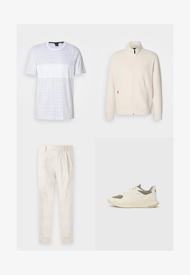 Off-white zip-up jakna s stoječim ovratnikom, dolgimi rokavi, stranskimi žepi in subtilnim logotipom "BOSS" na levem prsnem delu.; Bela kratka majica s kratkimi rokavi z mrežastim vzorcem v sivi barvi. Oblikovanje vključuje enoten trak preko sredine z detajlom logotipa.; Bele, plisirane hlače s krojenim prileganjem, z gladko teksturo, z zankami za pas in ožjimi hlačnicami. Brez vidnih žepov ali vzorcev.; Beli in svetlo bež športni copat, s mrežastim zgornjim delom, perforiranimi detajli in teksturirano srednjim delom z blagovno znamko na peti.