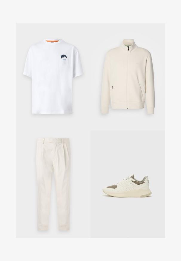 Kreemi värvi lukuga jakk kõrge kraega, pikkade varrukatega, küljetaskutega ja diskreetse "BOSS" logo ka vasakul rinnal.; Valge puuvillane t-särk lühikeste varrukatega, ümmargune kaelus, millel on vasakul rinnal sinine mägi ja "BOSS" graafika.; Valged volditud püksid, mis on kohandatud sobivusega, sujuva tekstuuriga, vööloopidega ja kitsenevate jalgadega. Pole nähtavaid taskuid ega mustreid.; Valge ja heledat beeži värvi spordijalats, millel on õhuke võrkmaterjal, perforatsioonidega detailid ning tekstuuriga vahetald, millel on brändi logo kannaosas.