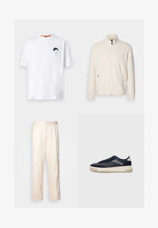 Off-white zip-up jakke med stående krage, lange ermer, sidelommer og diskré "BOSS" logo på venstre bryst.; Hvit bomull t-skjorte med korte ermer, rund hals, med et blått fjell og "BOSS" grafikk på venstre bryst.; Beige bomullsbukser med rett benfatt, med knappelukking og folder foran for ekstra detaljer.; BOSS BALTIMORE - Joggesko - open blue