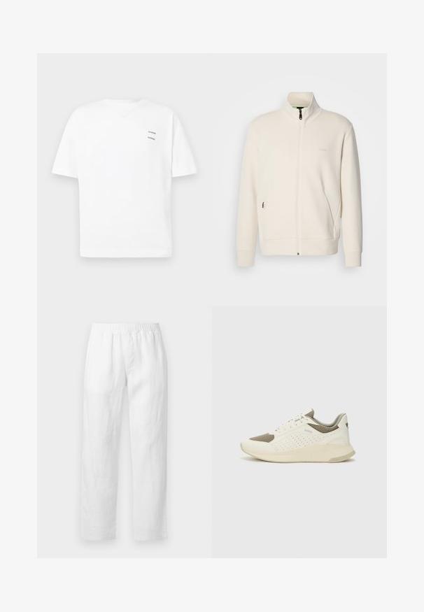 Giacca zip-up bianco sporco con colletto alto, maniche lunghe, tasche laterali e sottile logo "BOSS" sul lato sinistro del petto.; Maglietta bianca in cotone con una vestibilità rilassata, maniche corte e scollatura a V. Presenta due piccoli loghi stampati neri sul lato sinistro.; Pantaloni in lino bianco con vita elasticizzata, vestibilità a gamba dritta e tessuto morbido senza motivi o dettagli hardware visibili.; Sneaker atletica bianca e beige chiaro, con tomaia in mesh, dettagli perforati e una suola intermedia texturizzata con marchio sul tallone.