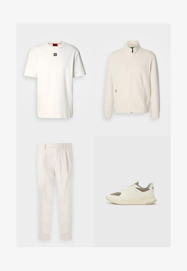 Off-white zip-up jacka med ståkrage, långa ärmar, sidofickor och subtil "BOSS"-logotyp på vänster bröst.; Vit bomull t-shirt med rund hals, korta ärmar och en liten svart fyrkantig logotyp med "HUGO" på bröstet. Enkel design, mjuk textur.; Vita, plisserade byxor med skräddarsydd passform, med en mjuk yta, bälteshängare och avsmalnande ben. Inga synliga fickor eller mönster.; Vit och ljusbeige atletisk sneaker med ett meshöverdrag, perforerade detaljer och en texturerad mellansula med varumärke på hälen.