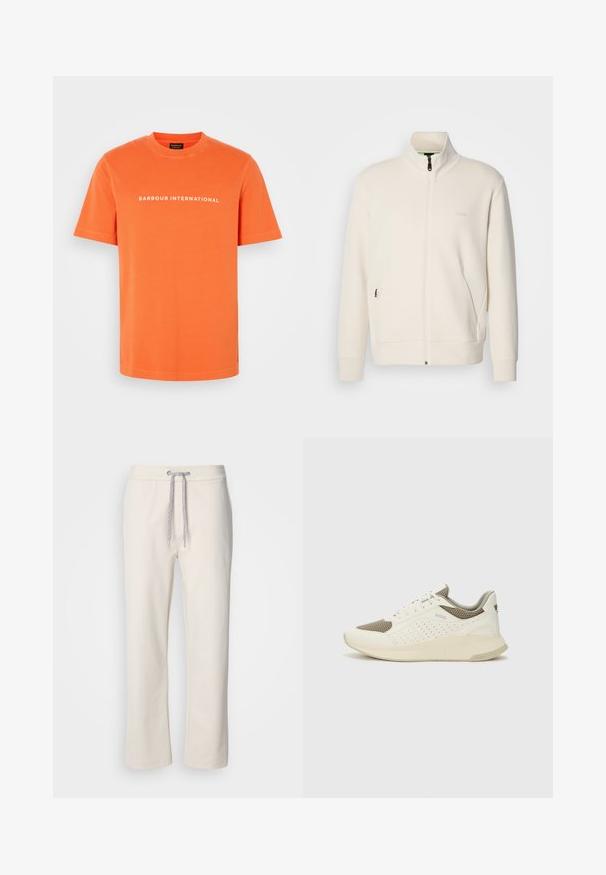 Casaco com fecho éclair em tom off-white, com colarinho elevado, mangas longas, bolsos laterais e um discreto logótipo "BOSS" no lado esquerdo do peito.; T-shirt de algodão laranja com decote redondo e mangas curtas. Apresenta texto branco a dizer "BARBOUR INTERNATIONAL" no peito.; Calças casuais de cor cremosa com cintura elástica e pernas retas, exibidas sobre um fundo branco liso.; Sapatilha atlética branca e bege claro, com parte superior em malha, detalhes perfurados e uma entressola texturizada com marcação no calcanhar.
