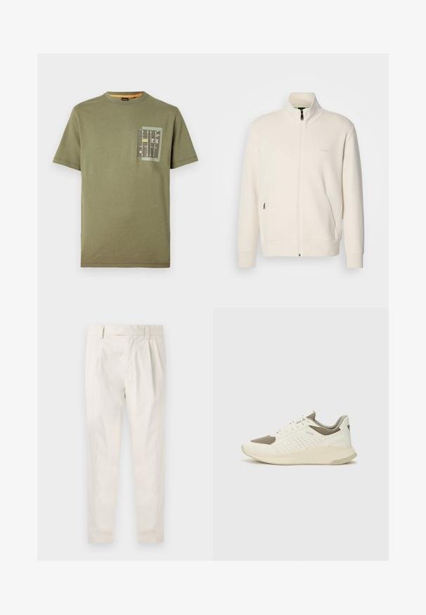 Giacca zip-up bianco sporco con colletto alto, maniche lunghe, tasche laterali e sottile logo "BOSS" sul lato sinistro del petto.; T-shirt in cotone verde oliva con scollatura arrotondata e maniche corte. Presenta una tasca con una stampa grafica in nero, giallo e accenti bianchi.; Pantaloni bianchi plissettati con taglio su misura, caratterizzati da una texture liscia, passanti per la cintura e gambe affusolate. Nessuna tasca o motivo visibile.; Sneaker atletica bianca e beige chiaro, con tomaia in mesh, dettagli perforati e una suola intermedia texturizzata con marchio sul tallone.