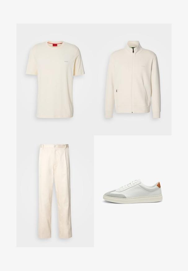Off-white zip-up jacka med ståkrage, långa ärmar, sidofickor och subtil "BOSS"-logotyp på vänster bröst.; HUGO DERO - T-shirt - bas - light beige; Beiga bomullbyxor med rak benform, utrustade med knappstängning och veck framtill för extra detalj.; Vita lädersneakers med grå mockadetaljer och en tab i brunt läder på hälen. Har en strukturerad yta och en lätt sula.