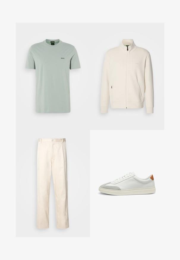 Off-white zip-up jacka med ståkrage, långa ärmar, sidofickor och subtil "BOSS"-logotyp på vänster bröst.; Ljusgrön bomull t-shirt med korta ärmar och rundad halsringning. Har en svart "BOSS"-logotyp på bröstet. Slät textur.; Beiga bomullbyxor med rak benform, utrustade med knappstängning och veck framtill för extra detalj.; Vita lädersneakers med grå mockadetaljer och en tab i brunt läder på hälen. Har en strukturerad yta och en lätt sula.