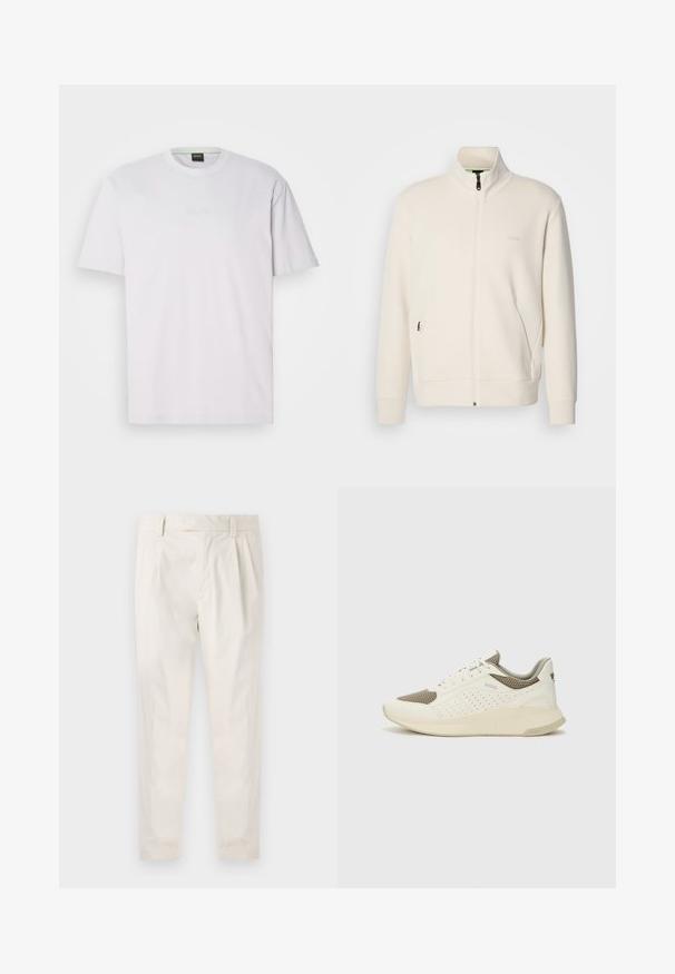 Krémová zipová bunda s vysokým límcem, dlouhými rukávy, bočními kapsami a jemným logem "BOSS" na levé části hrudi.; Bílá tričko s krátkým rukávem vyrobené z bavlny. Má kulatý výstřih a decentně vyšívané logo "BOSS" uprostřed. Hladká textura.; Bílé, plisované kalhoty s upraveným střihem, které mají hladkou texturu, poutka na opasek a zúžené nohavice. Bez viditelných kapes nebo vzorů.; Bílé a světle béžové atletické tenisky, které mají síťovaný svršek, perforované detaily a texturovanou mezipodešev s logem na patě.