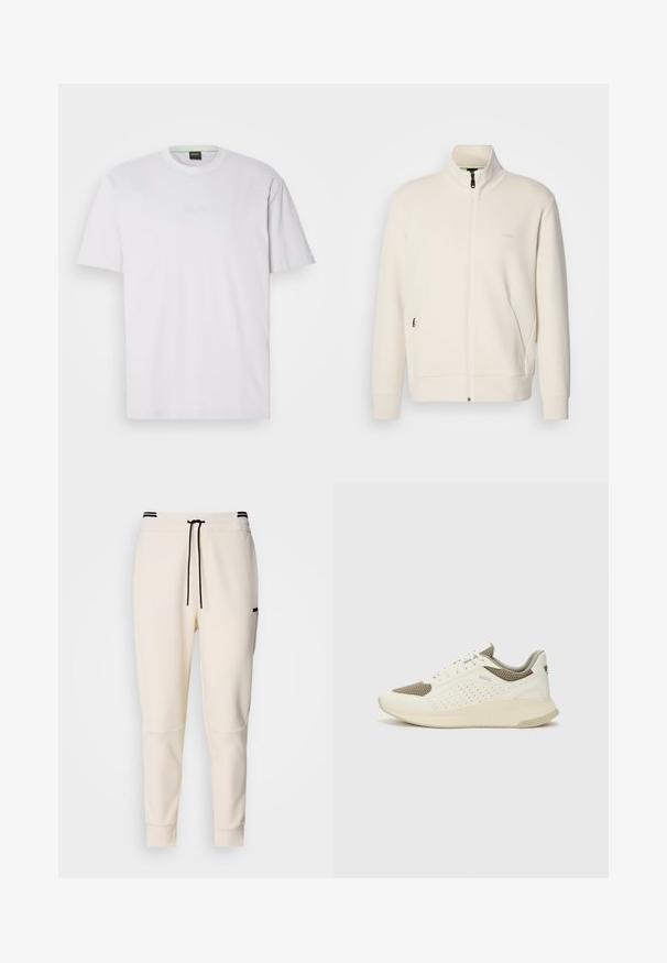 Off-white zip-up jakke med stående krage, lange ermer, sidelommer og diskré "BOSS" logo på venstre bryst.; Hvit t-skjorte med kort erm laget av bomull. Har rund hals og subtilt brodert "BOSS"-logo i midten. Glatt tekstur.; Kremfargede joggebukser med elastisk liv med snøring, svarte detaljer, innsnevrede ben og sidelommer.; Hvit og lysebeige treningssko, med en mesh-overdel, perforerte detaljer og en teksturert mellomsåle med merkevare på hælen.