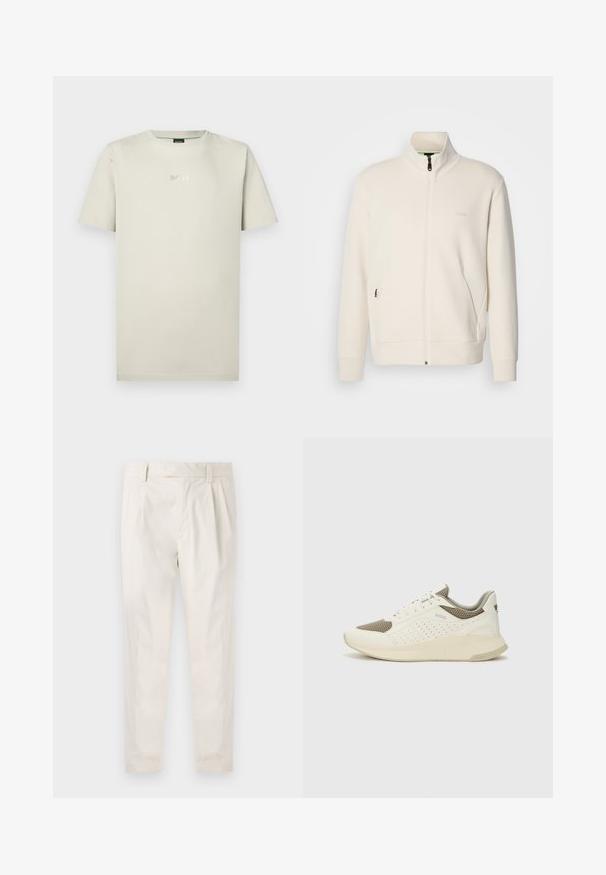 Off-white zip-up jack met staande kraag, lange mouwen, zijzakken en een subtiele "BOSS" logo op de linkerborst.; Beige katoenen T-shirt met een ronde hals en korte mouwen. Heeft een subtiel zilver "BOSS" logo op de borst. Gladde textuur.; Witte, geplooide broeken met een getailleerde pasvorm, met een gladde textuur, riemlussen en taps toelopende benen. Geen zichtbare zakken of patronen.; Witte en lichtbeige sport sneaker, met een bovenwerk van mesh, geperforeerde details en een gestructureerde tussenzool met branding op de hiel.